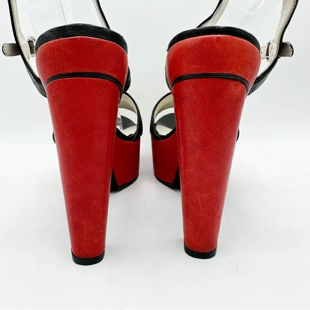 Stuart Weizmann Black Red and White Wide Strap Platform Sandals with Ankle Strap